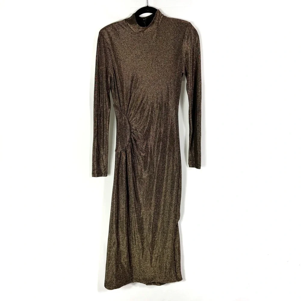 Ramy Brook Amarilys Dress Metallic Gold Shimmer Mock Neck Ruched Midi Sz L - Picture 8 of 15
